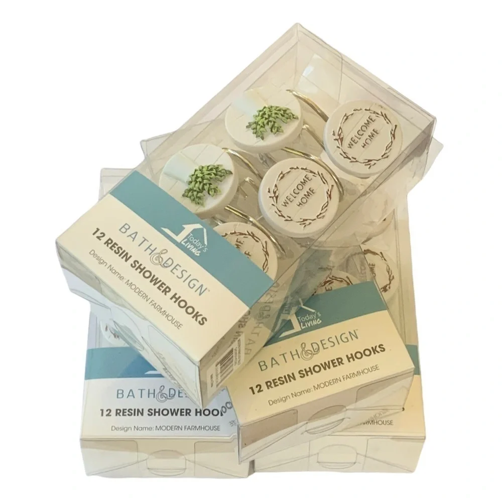 Modern Farmhouse Shower Curtain Hooks Set of 12 Welcome Home White Green Brown
